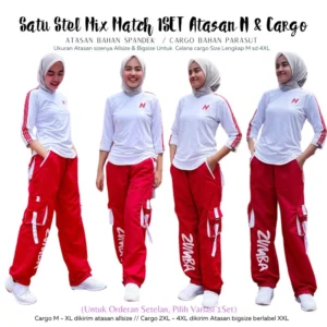 Setelan Senam Olahraga 1Set Mix Atasan N Putih list Merah dengan Celana Senam Cargo Zumba Merah lis Putih bahan Parasut Size Lengkap